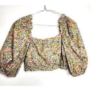 Blush J Floral Puffy Sleeve Top NWT 1/2 Sleeves Milkmaid Crop Blouse Cotton Med.